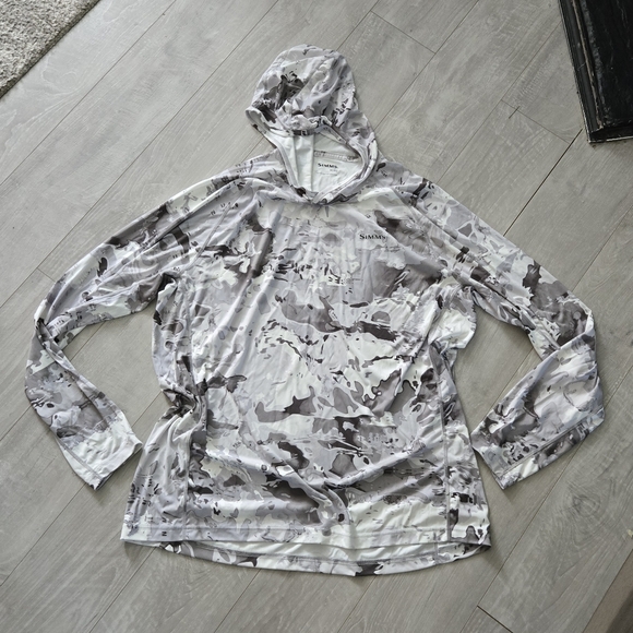 Simms XL Hooded Performance Fishing Shirt Gray Camo Solarflex - Picture 1 of 7